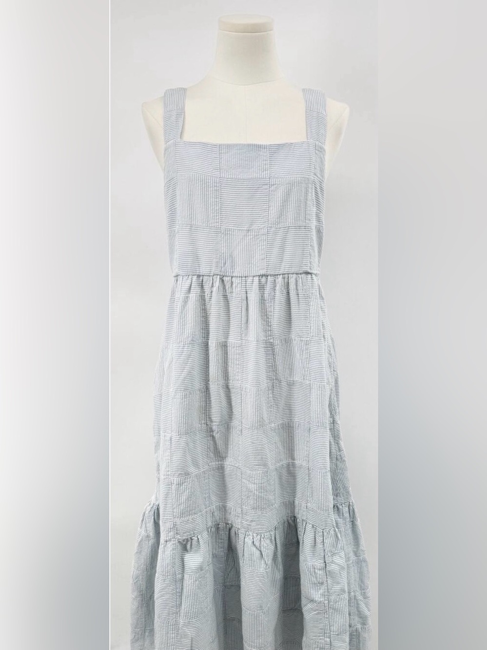 Madewell Cicely Tiered Midi Dress in Blue Patchwork Sleeveless Seersucker 12